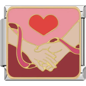 Two hands holding each other with a red heart above, set against a pink and red background Italian charm bracelet link