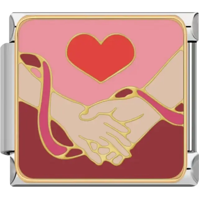 Two hands holding each other with a red heart above, set against a pink and red background Italian charm bracelet link
