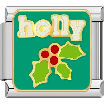 Green holly leaves with red berries and “holly” text on green background Italian charm bracelet link