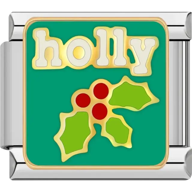 Green holly leaves with red berries and “holly” text on green background Italian charm bracelet link