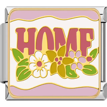 Pink "HOME" text with flowers and green leaves on white background with pink border Italian charm bracelet link