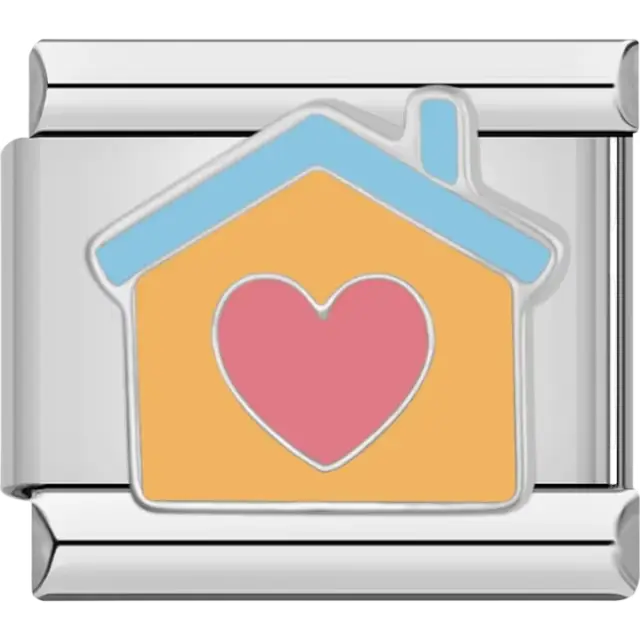 Orange house with a blue roof and a pink heart in the center Italian charm bracelet link
