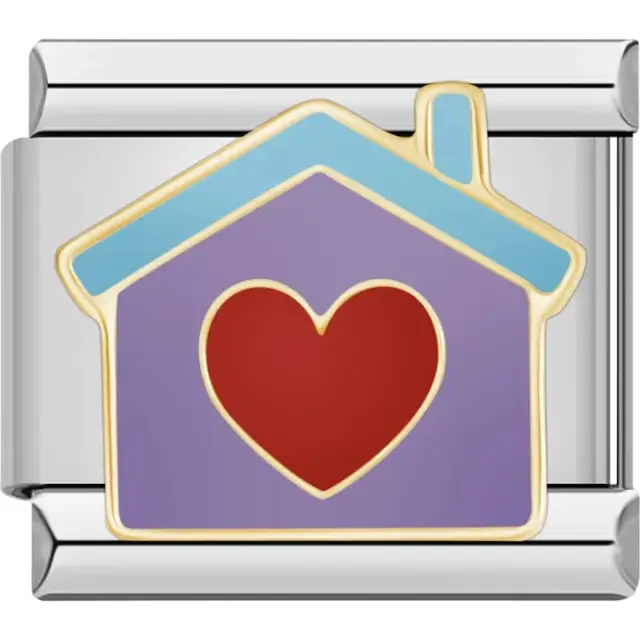 Purple house with a red heart and blue roof outlined in gold Italian charm bracelet link