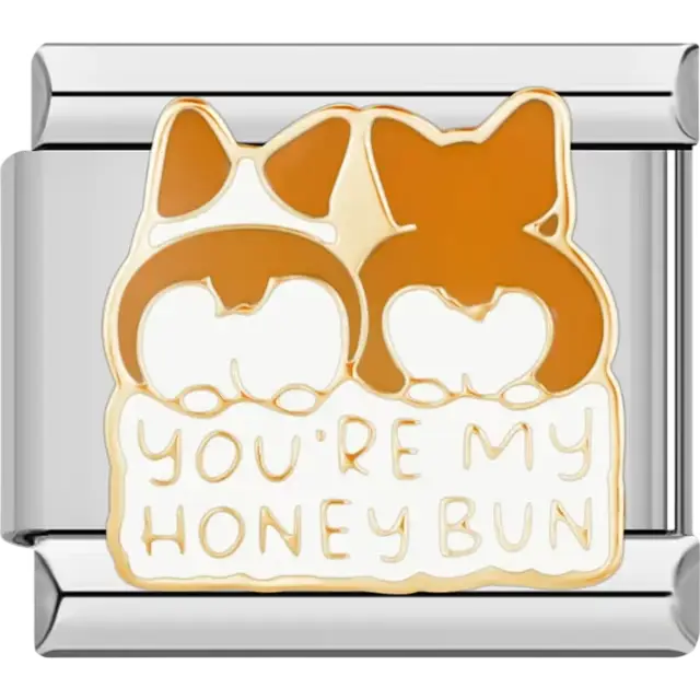 Two corgis design with "You're My Honey Bun" text in gold accents Italian charm bracelet link