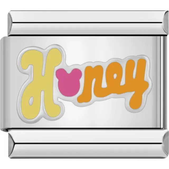 Yellow and orange "Honey" text with a pink bear-shaped accent Italian charm bracelet link