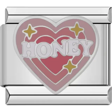 Pink heart with layered design, "HONEY" text, and gold star accents Italian charm bracelet link