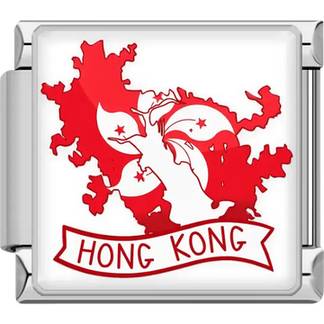Red map of Hong Kong white flower with stars red Hong Kong banner Hong Kong map flag Italian charm bracelet link