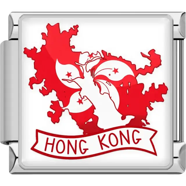 Red map of Hong Kong white flower with stars red Hong Kong banner Hong Kong map flag Italian charm bracelet link