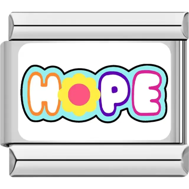 Multicolor "HOPE" text with a flower replacing the letter "O" Italian charm bracelet link