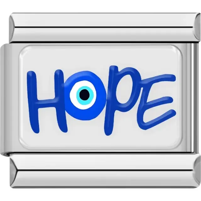 "HOPE" text in blue with the letter "O" featuring a classic blue evil eye design Italian charm bracelet link