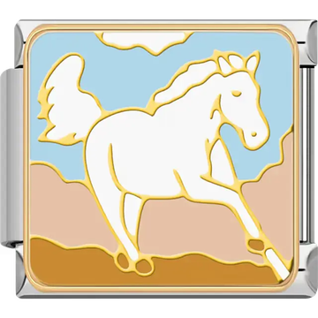 White horse gold outline blue sky tan ground Italian charm bracelet link