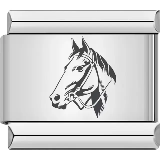Detailed black horse head with bridle Italian charm bracelet link