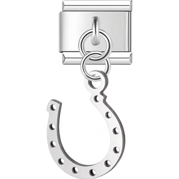 Hollow horseshoe with circular cut-out details and dangling piece Italian charm bracelet link
