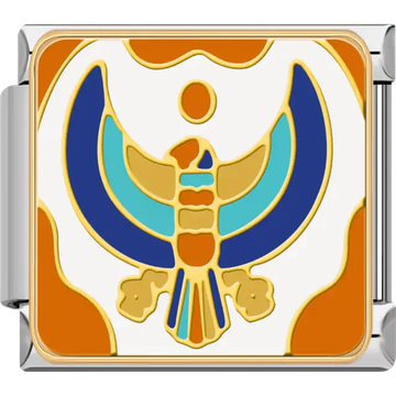Blue, turquoise, and gold falcon with outstretched wings and sun disk on a white and orange background representing Horus and protection in ancient Egyptian mythology Italian charm bracelet link