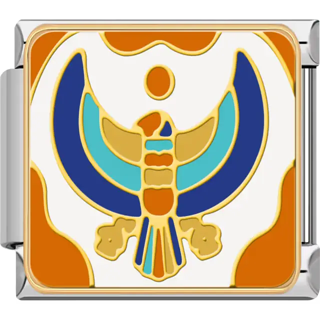 Blue, turquoise, and gold falcon with outstretched wings and sun disk on a white and orange background representing Horus and protection in ancient Egyptian mythology Italian charm bracelet link