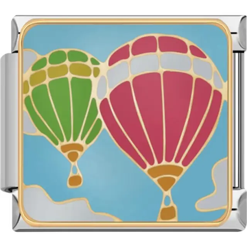 Red and green hot air balloons in a blue sky with white clouds Italian charm bracelet link