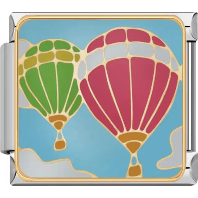 Red and green hot air balloons in a blue sky with white clouds Italian charm bracelet link