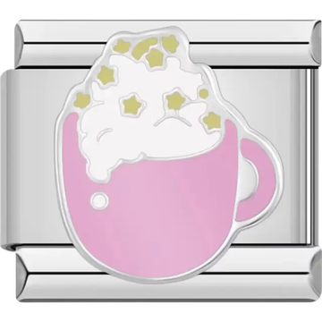 Pink mug filled with whipped cream and gold star sprinkles Italian charm bracelet link