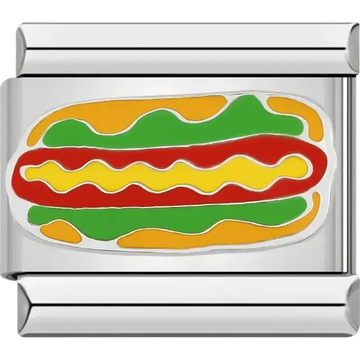 Hot dog with mustard ketchup and lettuce in a bun Italian charm bracelet link