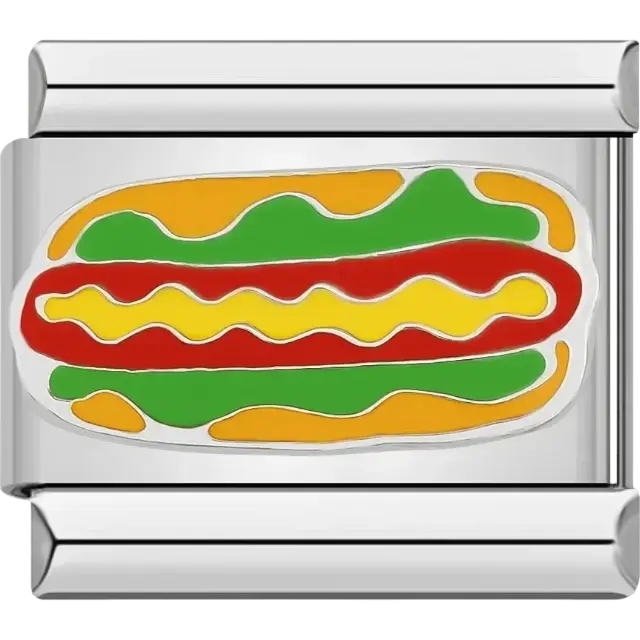 Hot dog with mustard ketchup and lettuce in a bun Italian charm bracelet link