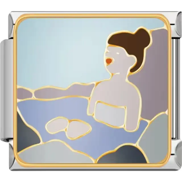 Woman relaxing in hot springs with surrounding stones and a blue background Italian charm bracelet link
