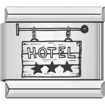 Black outline of a wooden hotel sign with three stars Italian charm bracelet link