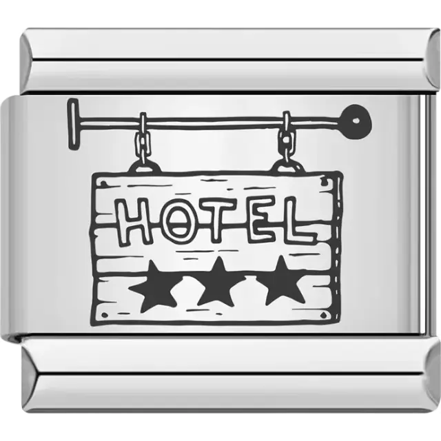 Black outline of a wooden hotel sign with three stars Italian charm bracelet link