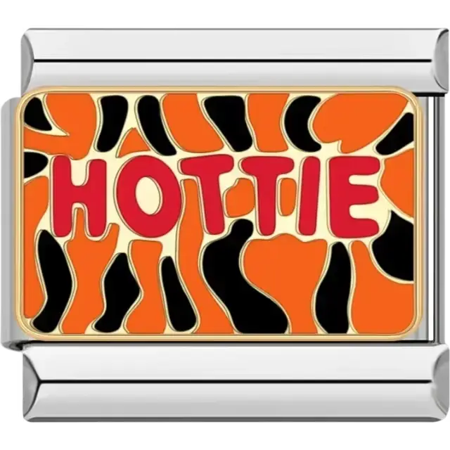 Red "HOTTIE" text on an orange and black animal print Italian charm bracelet link