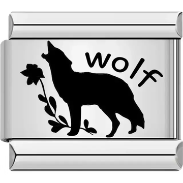 Black silhouette of howling wolf with "wolf" text and floral design Italian charm bracelet link