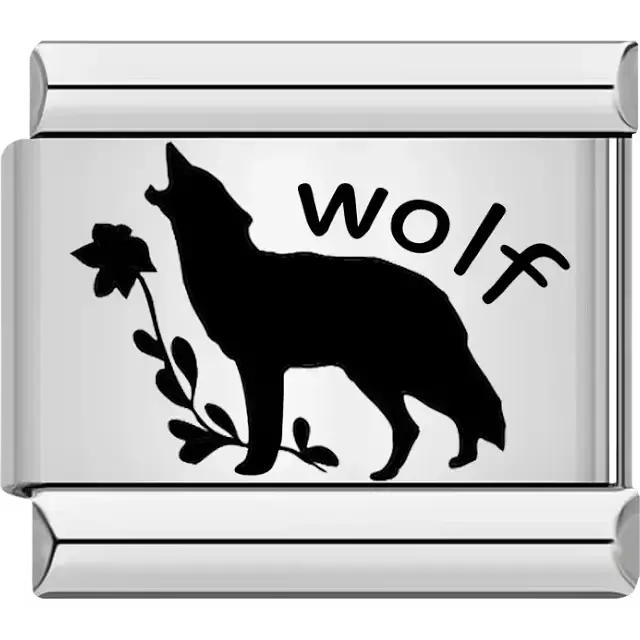 Black silhouette of howling wolf with "wolf" text and floral design Italian charm bracelet link