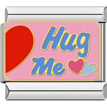 Red half heart with blue "Hug Me" text and small heart accents on pink background Italian charm bracelet link