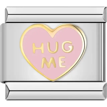 Pink heart with "HUG ME" text in gold accents Italian charm bracelet link