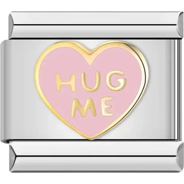 Pink heart with "HUG ME" text in gold accents Italian charm bracelet link