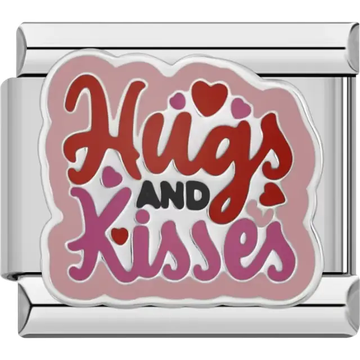 Pink and red "Hugs and Kisses" text with hearts on a pink background Italian charm bracelet link