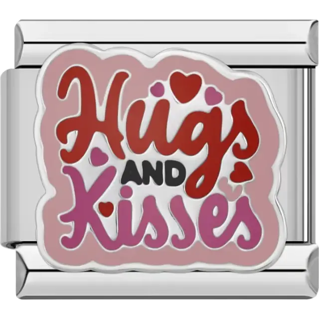 Pink and red "Hugs and Kisses" text with hearts on a pink background Italian charm bracelet link