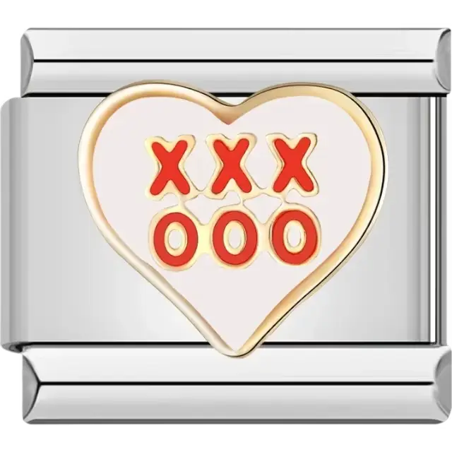 White heart with gold outline featuring red "XXX" and "OOO" design Italian charm bracelet link