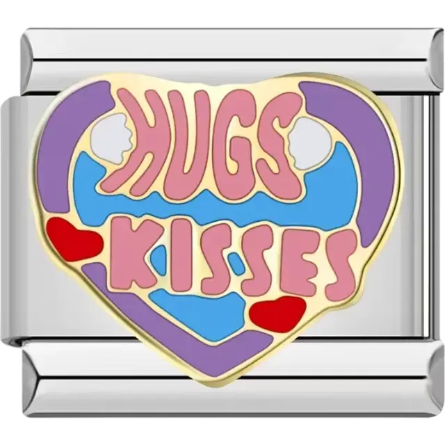 Heart design with Hugs Kisses text and red accents on a colorful background Italian charm bracelet link