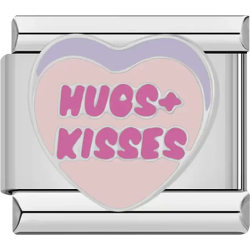Pink heart with purple top accent and bold pink "Hugs + Kisses" text Italian charm bracelet link