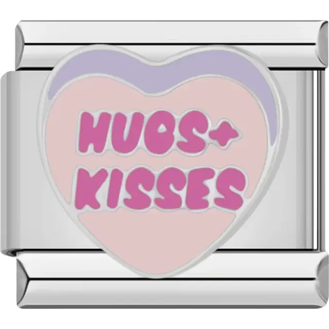 Pink heart with purple top accent and bold pink "Hugs + Kisses" text Italian charm bracelet link