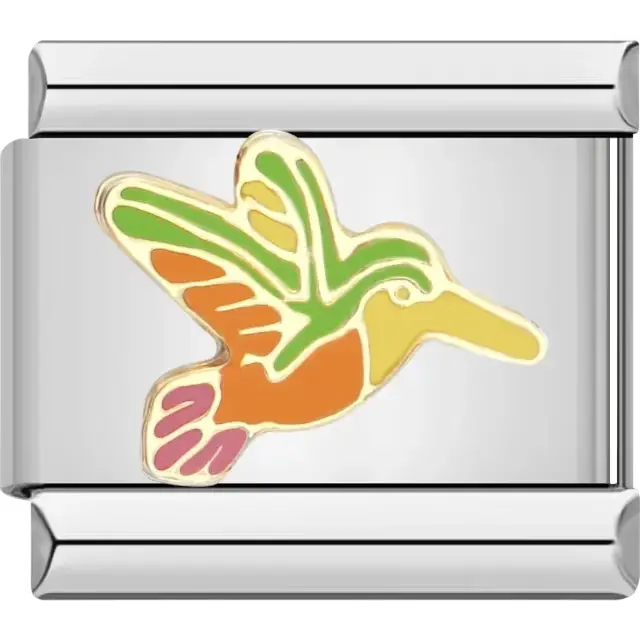 Colorful hummingbird design with orange green and pink accents Italian charm bracelet link
