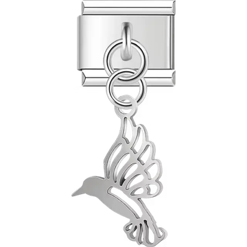 Hollow hummingbird with cut-out wings and dangling piece Italian charm bracelet link