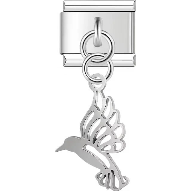 Hollow hummingbird with cut-out wings and dangling piece Italian charm bracelet link