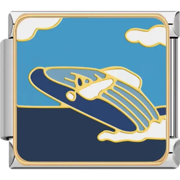 Blue and white humpback whale jumping from the ocean with blue sky and clouds Italian charm bracelet link