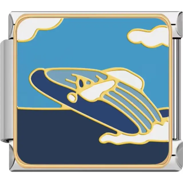 Blue and white humpback whale jumping from the ocean with blue sky and clouds Italian charm bracelet link