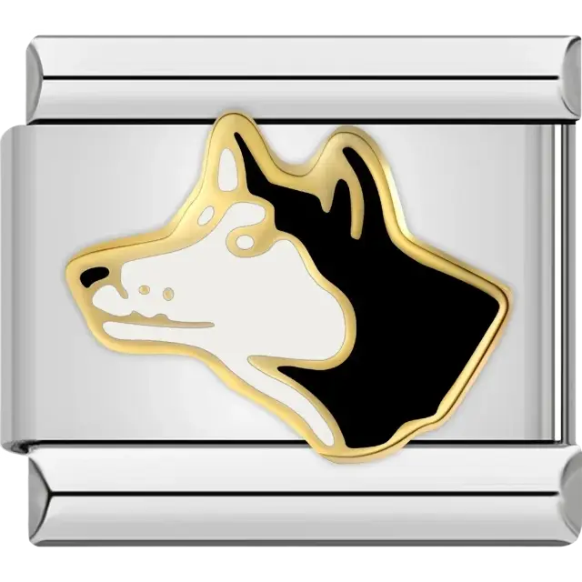 Husky dog head in black white and gold outline Italian charm bracelet link