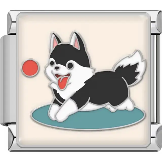 Black and white husky dog playing with a red ball on a teal mat, cream background Italian charm bracelet link