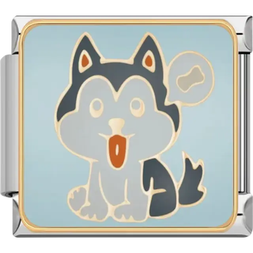 Black and white husky with a speech bubble showing a bone on a blue background Italian charm bracelet link