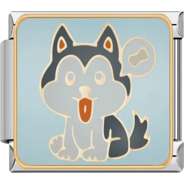 Black and white husky with a speech bubble showing a bone on a blue background Italian charm bracelet link