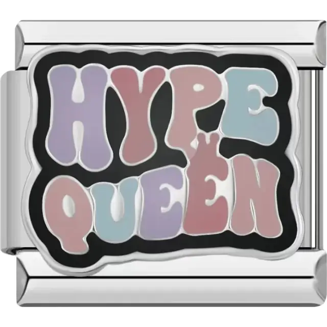 "HYPE QUEEN" text in pink, purple, and blue on a black background Italian charm bracelet link