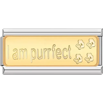 Gold with text "I am purrfect" and four paw print engravings Italian charm bracelet link